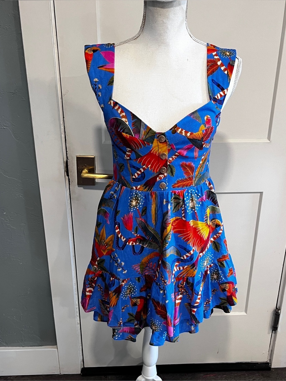 Farm Rio Macaw Blue Tiered Linen Blend Mini Dress XS